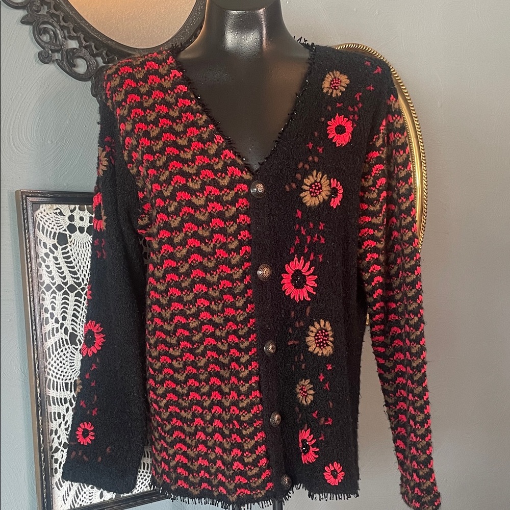 Chic Black and Red Floral Women's Cardigan